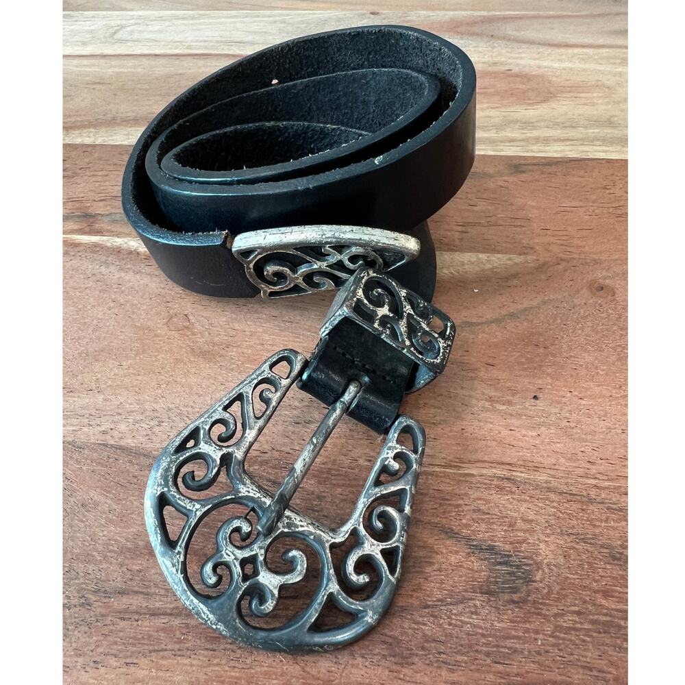Vintage 90's black leather belt intricate antique silver buckle M 31-34 western